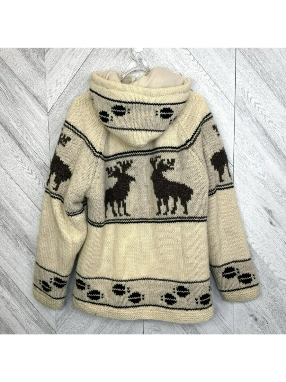 Northern Hand Knit Wool Moose Full Zip Sweater Jacket Fleece Lined Mens Medium